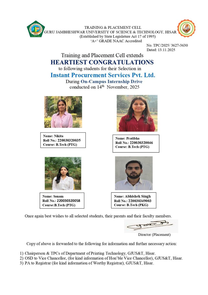 tpgjust's tweet photo. 🎉 Congratulations to GJUS&amp;T, Hisar students!
4 https://t.co/4FSy5E3GXa (Printing &amp; Packaging) students selected in Instant Procurement Services Pvt. Ltd. through the On-Campus Internship Drive.
Best wishes for their professional journey! 👏🎓 https://t.co/KWwtgKfw17