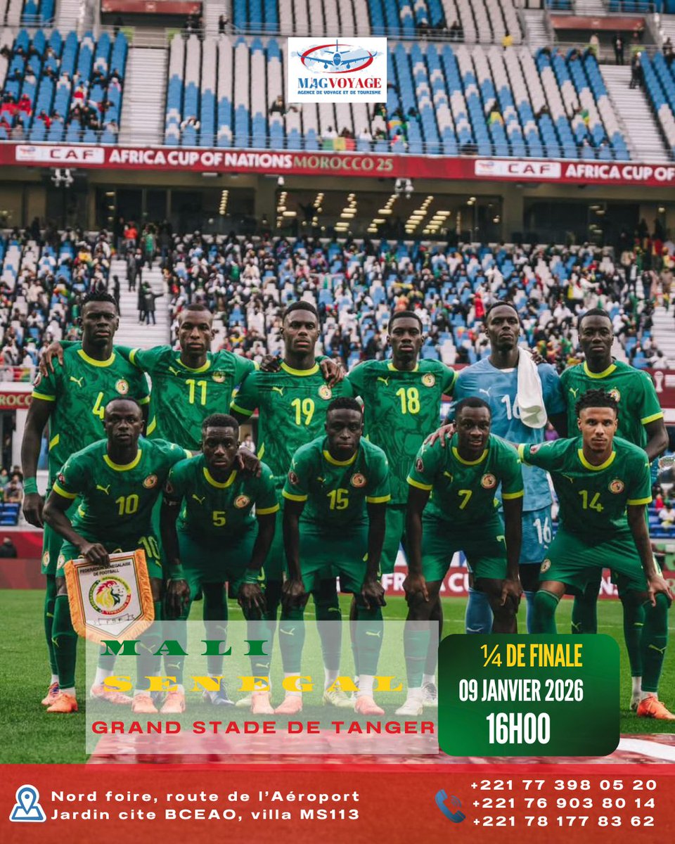 MAGVOYAGE24's tweet photo. Ceeli bu yabe gaïnde rek dafa fek gaïnde bi jotul si moom🦁🇸🇳
Gaïnde mooy buuru Aal bi🦁

𝙅𝙊𝙐𝙍 𝘿𝙀 𝙈𝘼𝙏𝘾𝙃 🇸🇳⚽
🆚 Mali vs Sénégal 
🕖 Aujourd’hui à 16h00

🔥 MAGVOYAGE souhaite bonne chance à nos Lions !
Unis derrière vous, déterminés jusqu’à la victoire https://t.co/TcP4gFmzez
