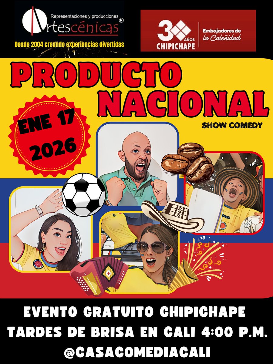 showcomedy's tweet image. Arrancamos el año invitándolos a una tarde de humor y alegría totalmente gratis en Chipichape con Producto Nacional show comedy de Artescénicas. Enero 17 sábado - 4:00 pm en la plazoleta central de Chipichape. Te esperamos para que enero no sea tan enero!!