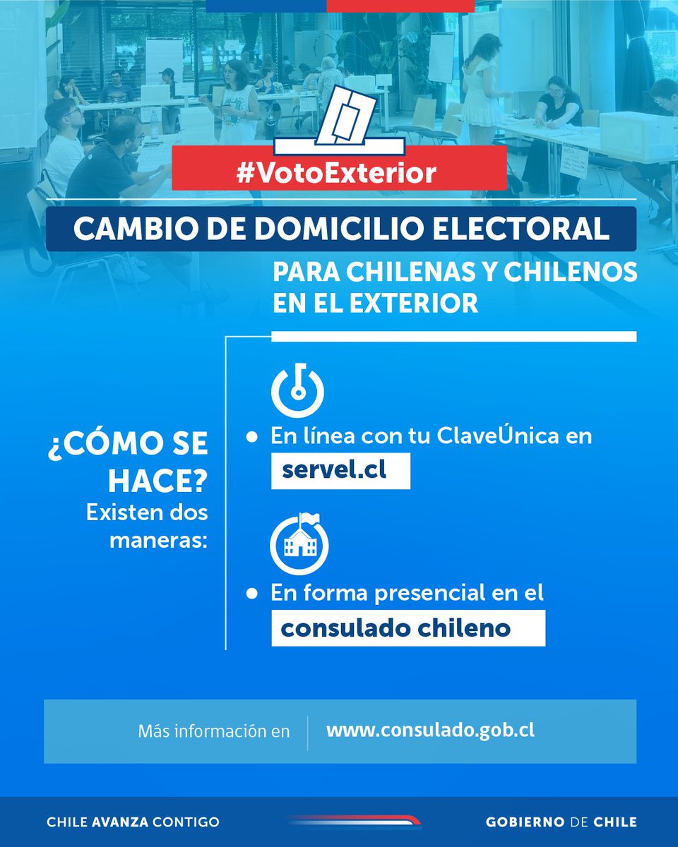 #VotoExterior  | Si eres chilena o chileno y vives en otro país, ya puedes realizar tu cambio de domicilio electoral. Es un trámite simple y gratuito.

Revisa más información  👉  bit.ly/4qpSUoJ