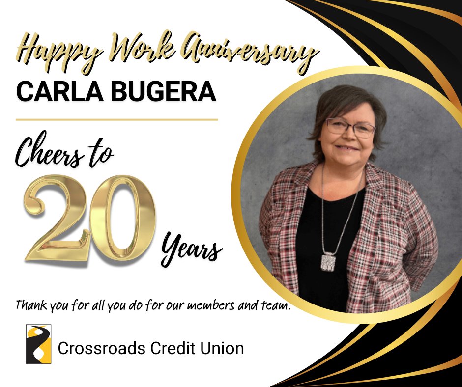 CrossroadsCU's tweet image. Help us celebrate Carla Bugera’s 20th work anniversary at Crossroads Credit Union! 🎉 As our Wealth Services Officer, she helps members reach their financial goals every day. Thank you, Carla! 💛 #WorkAnniversary #TeamCrossroads #WealthServices