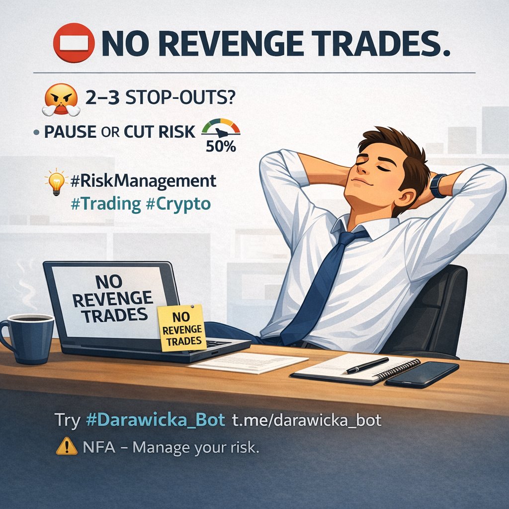 darawicka_bot's tweet photo. 🚫 No revenge trades.
😤 After 2–3 stop-outs, pause for the day or cut risk to 50%.
Trade the plan, not the emotion — #RiskManagement is the edge in #Trading and #Crypto.
Try #Darawicka_Bot: https://t.co/ZOhlj0rB7w @darawicka_bot ⚠️ NFA — manage your risk. https://t.co/00Pu1eqTFj