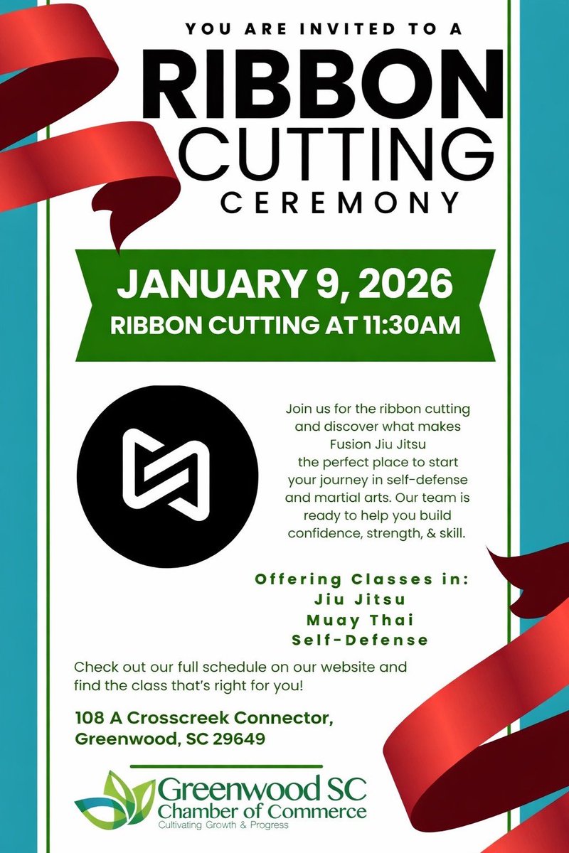 ✂️🥋 Happening TODAY!

Join us this morning for a Ribbon Cutting Ceremony with Fusion Jiu Jitsu as we welcome this exciting new business to Greenwood!

Stop by, meet the team, and learn more about their classes in Jiu Jitsu, Muay Thai, and Self-Defense. We hope to see you there!