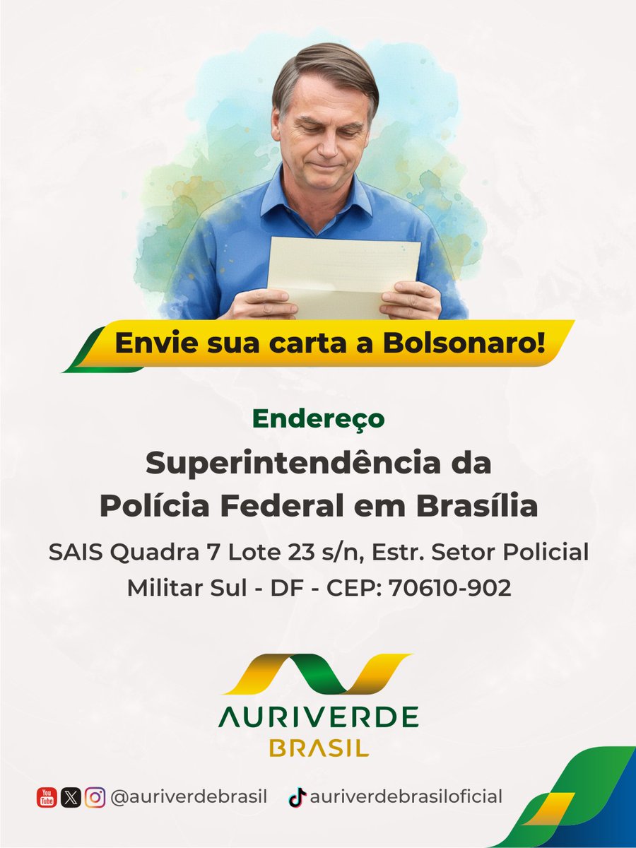 auriverdebrasil's tweet image. Em momentos difíceis, uma carta pode atravessar muros, vencer a solidão e levar força a quem dedicou a vida ao país. Jair Bolsonaro é um homem, um pai, um brasileiro que hoje enfrenta um dos períodos mais duros de sua história.

✉️ Escrever é um ato de coragem e amor à pátria. É…