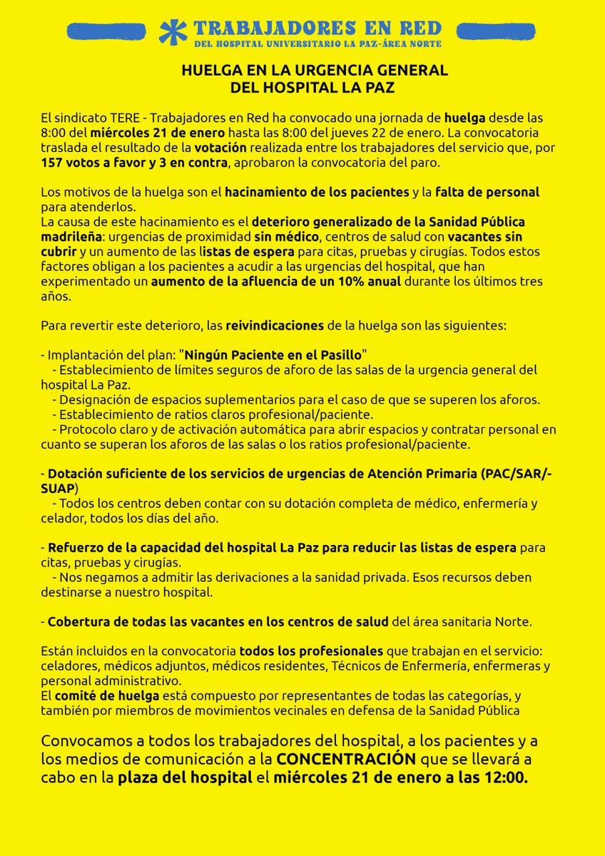 Urgenciaslapaz's tweet photo. La urgencia de la Paz se pone en huelga el miércoles 21 de enero. Podéis leer los motivos y las reivindicaciones en la hoja informativa. 

Ya basta.

Nos vemos en la concentración, el día 21 a las 12 en la plaza del hospital.

@IdiazAyuso @espinar_mar @caem @manuelabergerot https://t.co/AAzH0McSZo