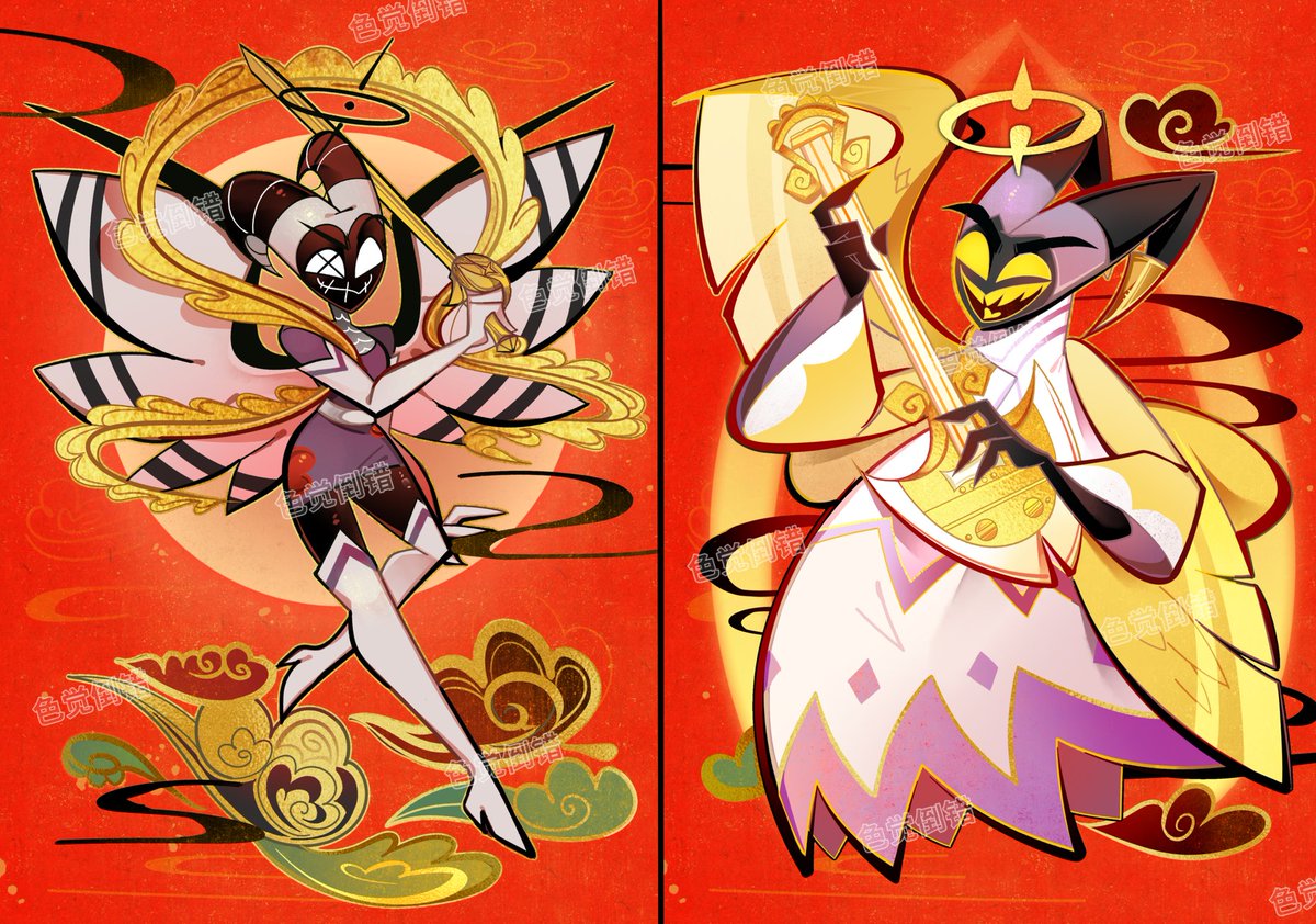 I've drawn Adam and Lute in the style of Chinese New Year door gods. In China, we put up these paintings during the Lunar New Year to ward off evil spirits. I think it suits them perfectly🎸⚔️✨

#HazbinHotel 
#HazbinHotelAdam 
#HazbinHotelLute