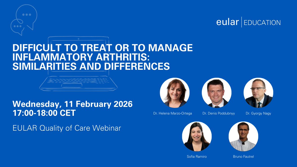 eular_org's tweet photo. 🚀Join us for the EULAR Quality of Care Webinar: "Difficult to treat or to manage inflammatory arthritis: similarities and differences".
🖥️ Wednesday, 11 February 2026, 17:00 - 18:00 CET
Register here 👉 https://t.co/bkTtcjCpJz
#Rheumatology #ClinicalPractice #eularEDUCATION https://t.co/9bI0RfCiuQ