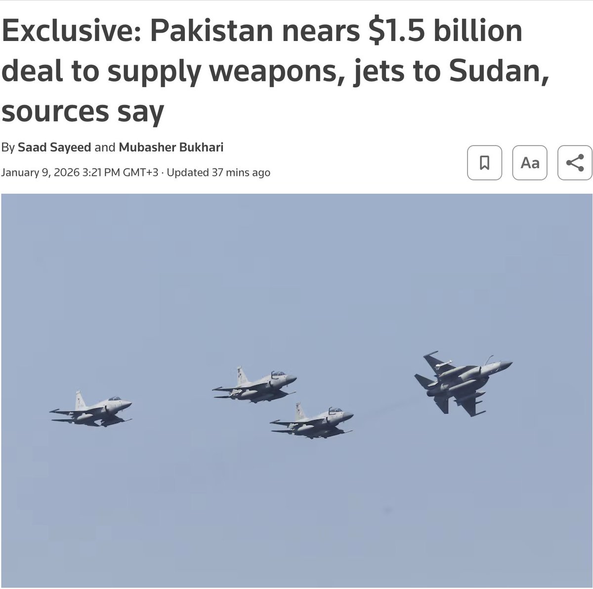 clashreport's tweet photo. Pakistan is close to a $1.5 billion arms deal with Sudan, including Karakoram-8 attack aircraft, drones, air-defense systems, and possibly JF-17 fighter jets, a move that could significantly boost Sudan’s army in its war with the RSF.

Source: Reuters https://t.co/xLnqlEzUsK