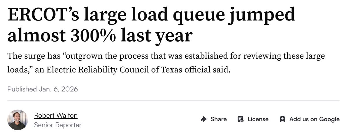 Load queues in Texas increased by nearly 300% (= 4x) in 2025. 

Anyone that's looking for power TODAY can expect to receive the approvals >5 years from now. 

I'm glad $IREN's management saw this coming years ago, locking up ~3 GW well before anyone cared.
