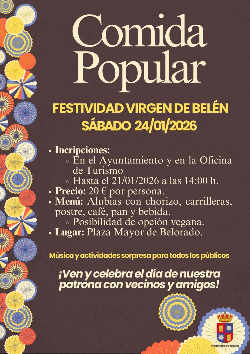 ⚠️¡Recuerda!🤔👉¡Mañana último día para apuntarse a la Comida popular para celebrar el día de nuestra patrona la Virgen de Belén!  🫘🥩🥖🍰☕️

💶20€/persona
🌿Opción vegana
👉Inscripciones hasta las 14:00 del 21/1 en Ayto #Belorado y Oficina de Turismo 

#BeloradoTieneTirón