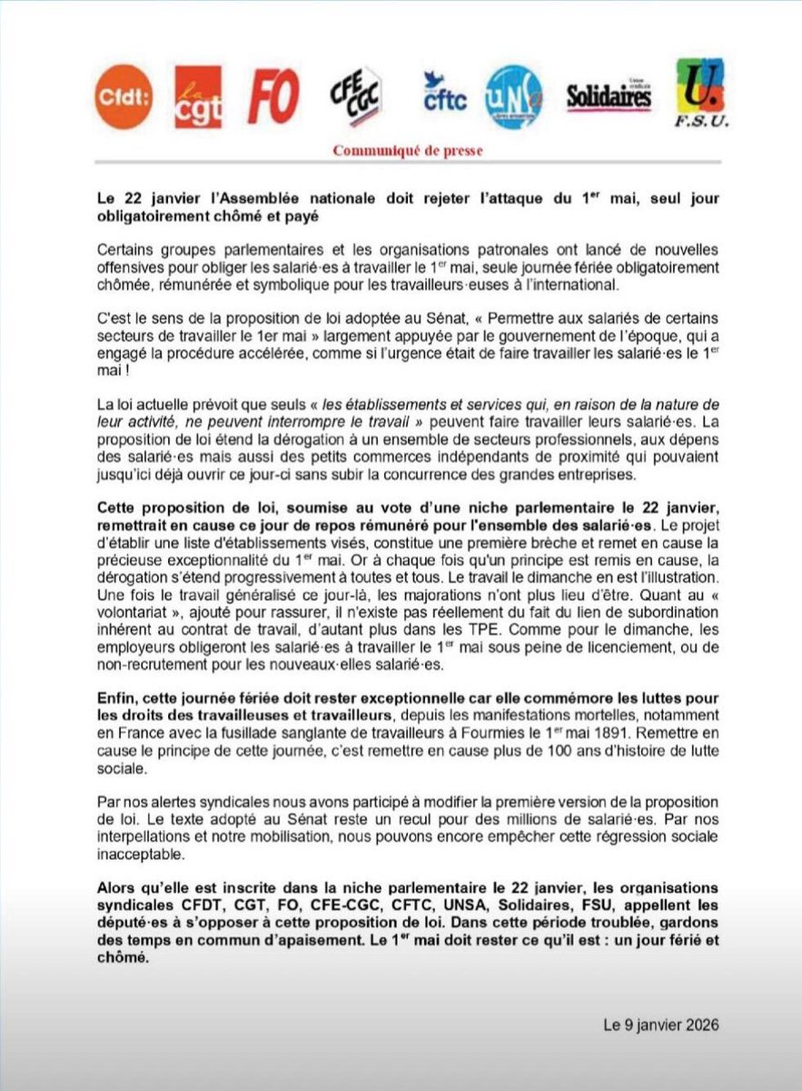 - Communiqué de presse intersyndical : Le 22 janvier, l’Assemblée nationale doit rejeter l’attaque du 1er mai !

👉cfecgc.org/salle-de-press…