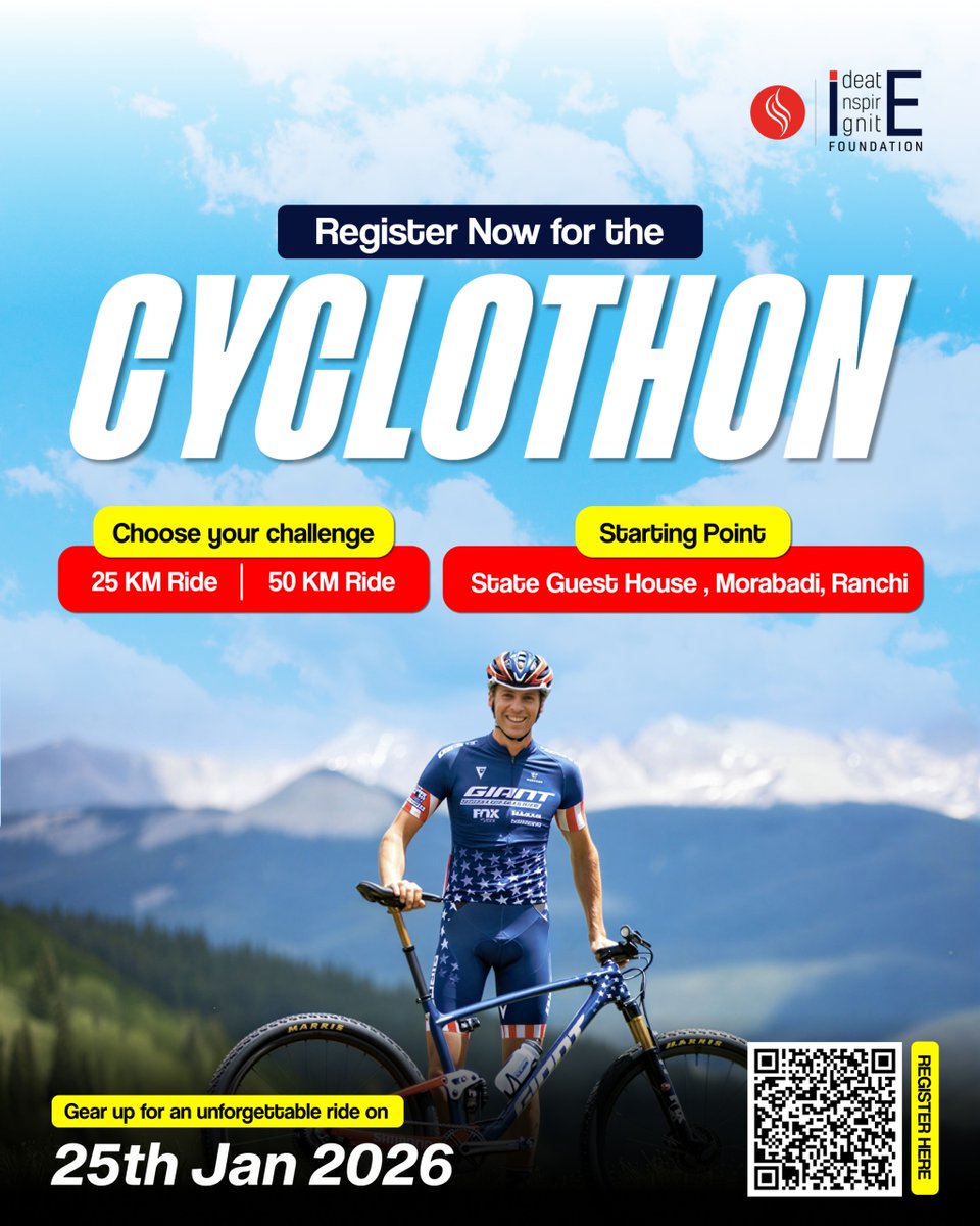 I3Foundation's tweet photo. Cyclothon 2026 – Ride for Fitness, Ride for Change! 

🗓️ 25 Jan 2026
📍 State Guest House, Morabadi, Ranchi
🚴 25 KM | 50 KM
💰 ₹50 only
📲 Registration link in the comment box 👇

#Cyclothon2026 #RanchiEvents #CyclingInRanchi #i3Foundation https://t.co/TFuO1XPYp1