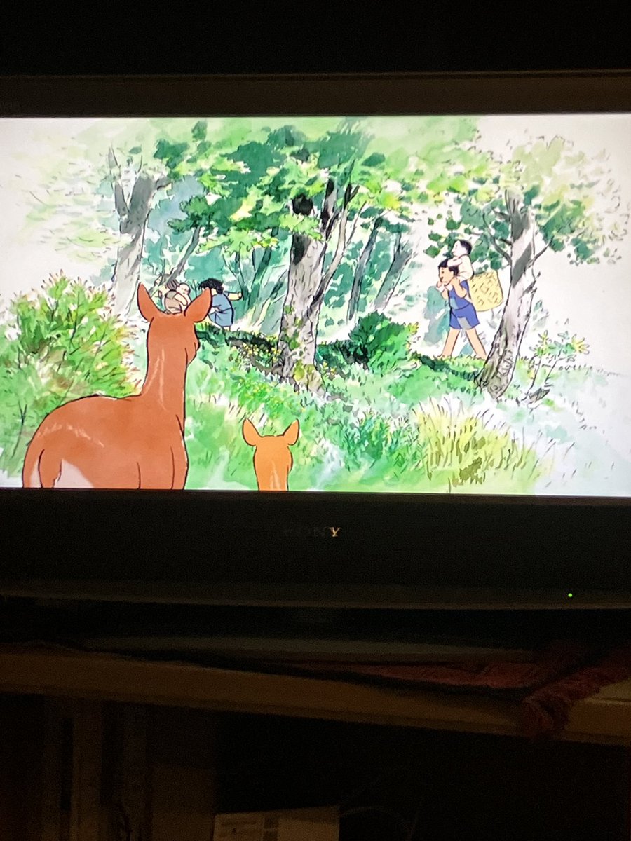 HakkoRadio's tweet photo. 急にテレビがついた。

と思ったらニャンの仕業だった。
何かと思ったら好きな映画を放送してた。
※『かぐや姫の物語』（高畑勲監督）

「これををみるんだニャン🐾」
にゃんたちからのお告げか🌕 https://t.co/ens6tf5Yt0