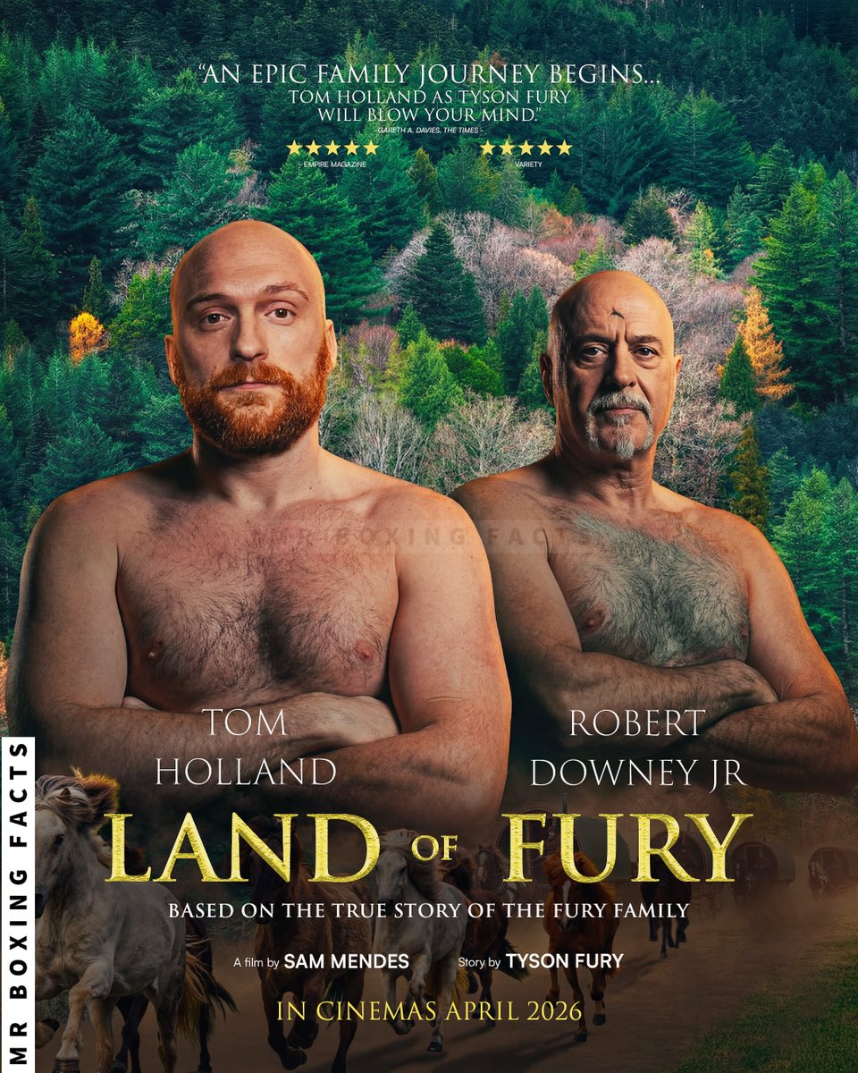 🚨Breaking news - First look at the new biopic based on the life of Tyson Fury, starring Tom Holland and Robert Downey Jr. 

In cinemas April 2026 | Netflix date to be confirmed 🥊#LandofFury