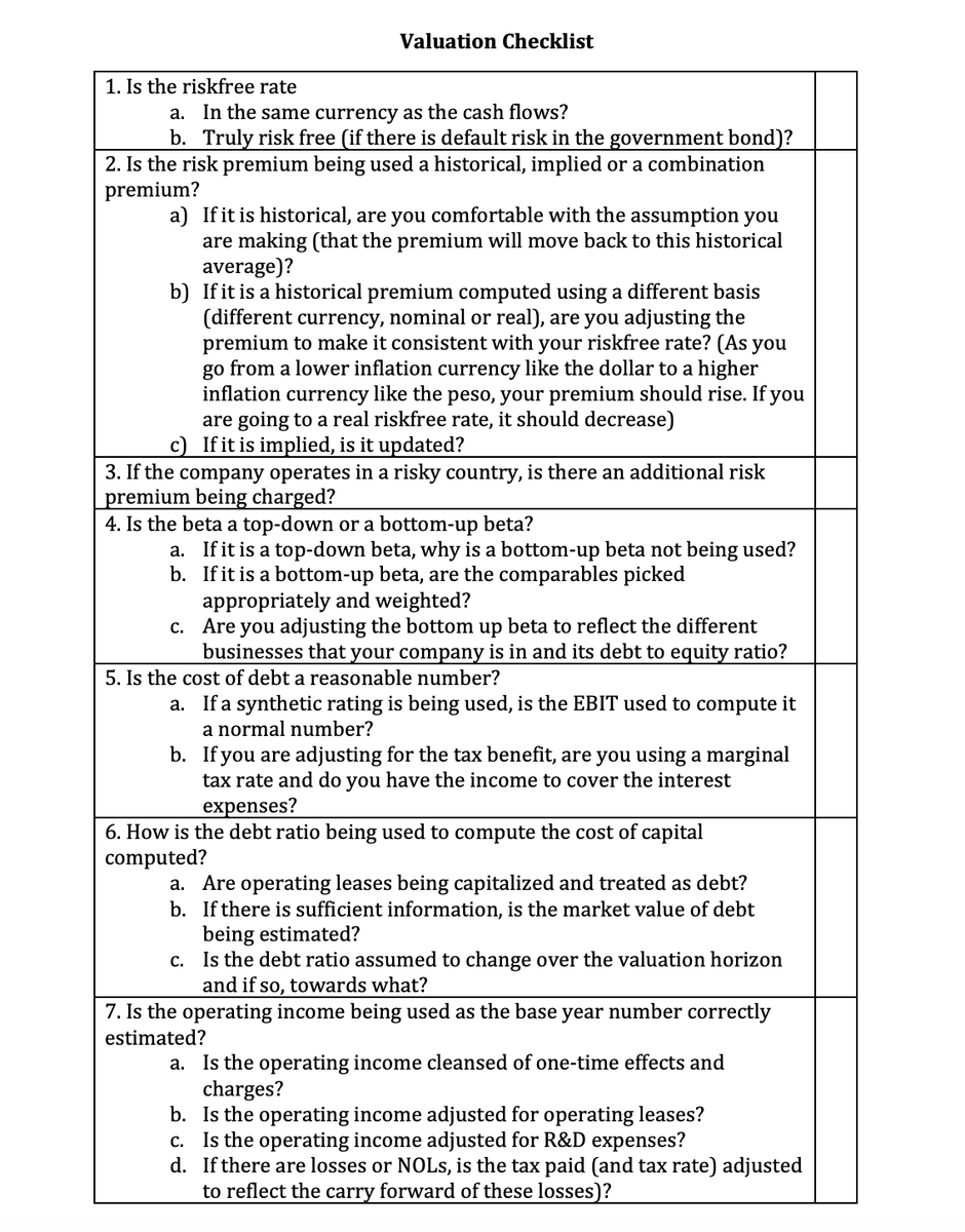 themattharbaugh's tweet photo. Aswath Damodaran's valuation checklist

(Bookmark this for later) https://t.co/Uh5f0w2MfN