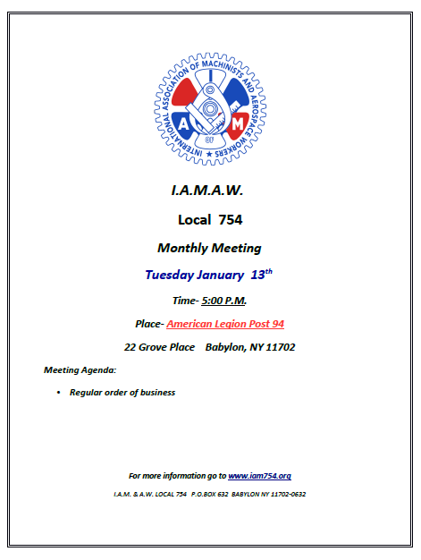 The January General Meeting of Local 754 will be on 1/13/2026 at 5pm.