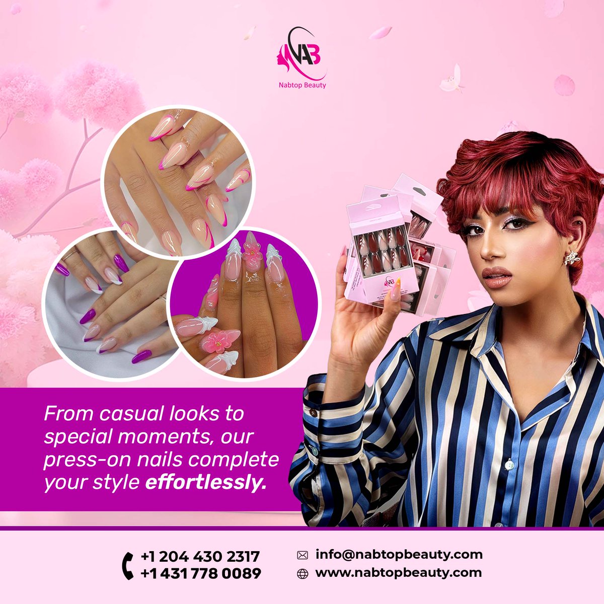 NabtopBeauty's tweet photo. From everyday wear to special occasions, our press-on nails are made to elevate your look in minutes.

Whether you’re keeping it simple or making a statement, they deliver salon-quality results—without the wait.

Buy: https://t.co/1TaWtmCW2K
Tel: +1 2044302317 | +1 4317780089 https://t.co/oVFgb1GbhH