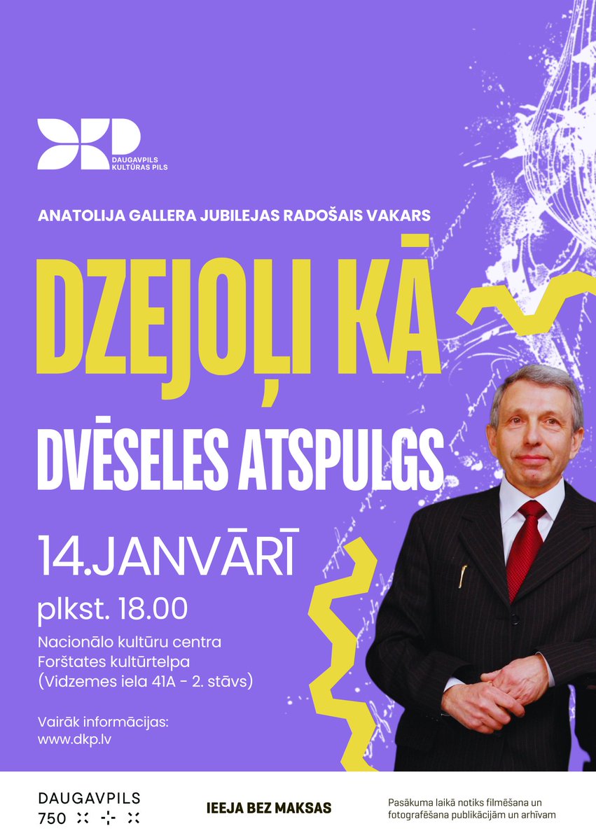 🗣️🎉14. janvārī plkst. 18.00 📍Nacionālo kultūru centra Forštates kultūrtelpā notiks dzejnieka Anatolija Gallera jubilejas radošais vakars “Dzejoļi kā dvēseles atspulgs”.

🔗Informācija:
visitdaugavpils.lv/pasakumi/dzejn…

#daugavpils #pasākumidaugavpilī #visitdaugavpils