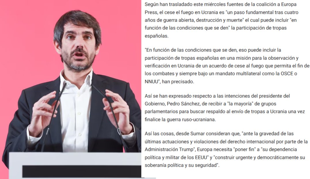 🔴Sumar pone condiciones al envío de tropas españolas a Ucrania:

- Que haya un Acuerdo de Paz multilateral bajo mandato de la OSCE o las Naciones Unidas (ONU)

- Misión de observación y verificación

europapress.es/nacional/notic…
