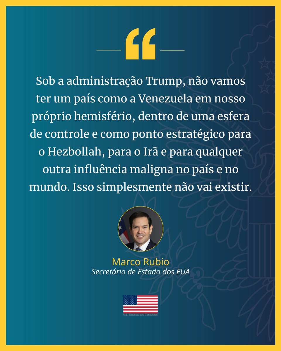 EmbaixadaEUA's tweet image. .@SecRubio: “Sob a administração Trump, não vamos ter um país como a Venezuela em nosso próprio hemisfério, dentro de uma esfera de controle e como ponto estratégico para o Hezbollah, para o Irã e para qualquer outra influência maligna no país e no mundo. Isso simplesmente não…