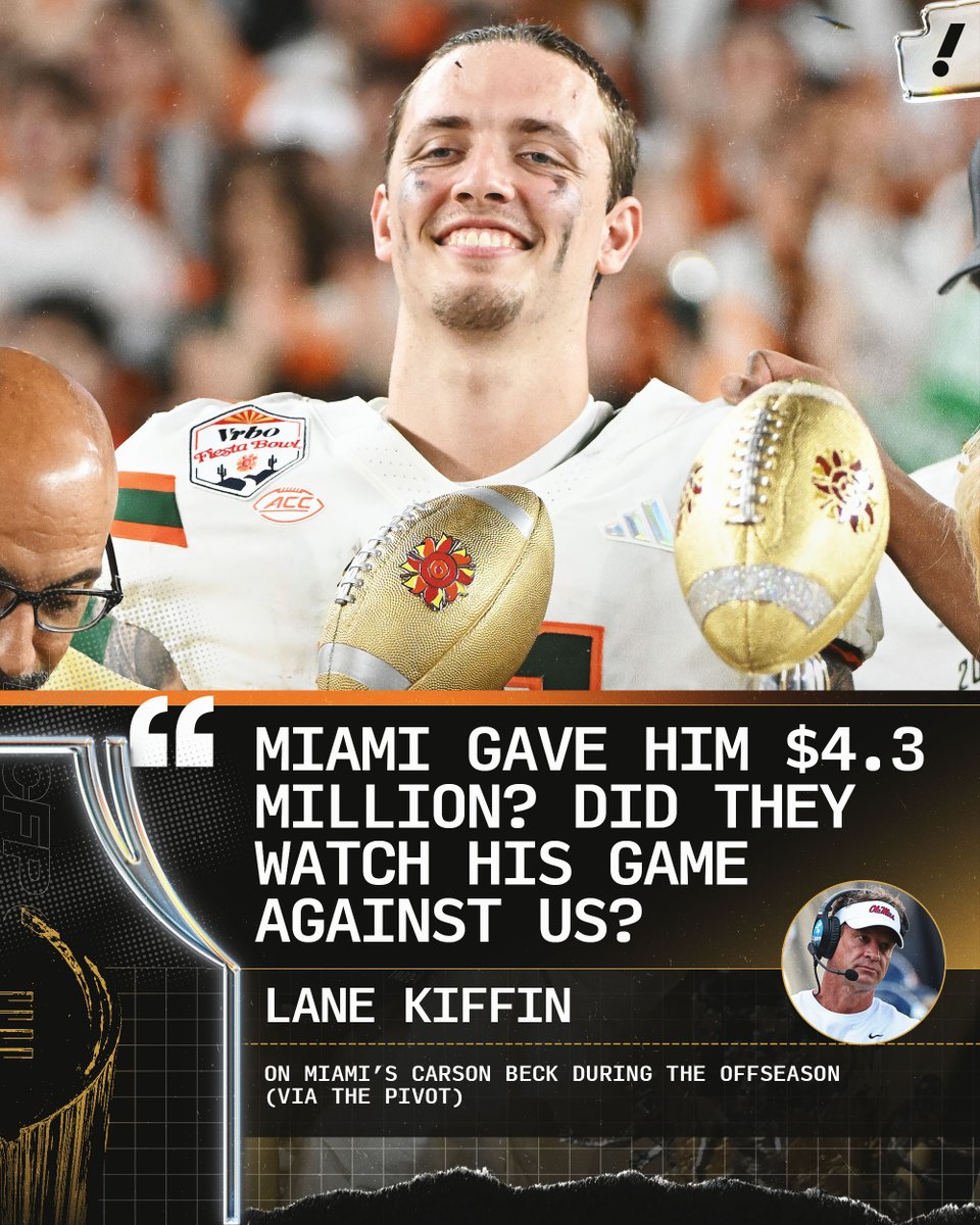 YahooSports's tweet image. Carson Beck gets the last laugh on Lane Kiffin as Miami plays for a national title 😂🏆

(via @thepivot)