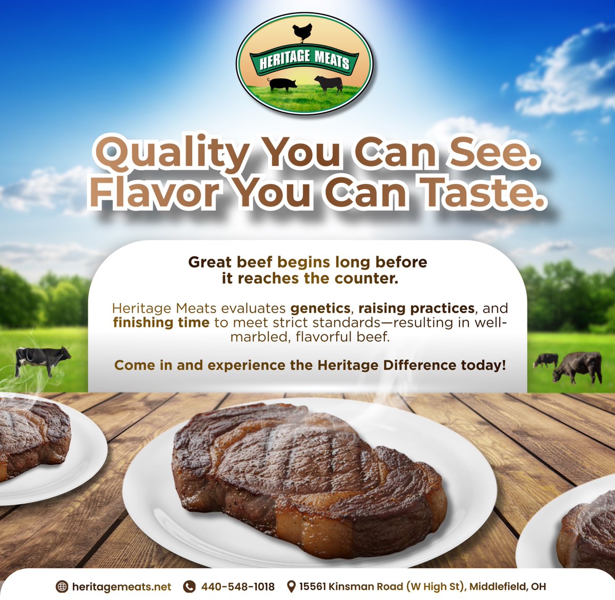 MiddlefieldPost's tweet image. Quality you can see. Flavor you can taste. 🥩

At Heritage Meats, great beef starts long before it hits the counter. Come experience the Heritage Difference today.

📍 Middlefield, OH

🌐 heritagemeats.net

#HeritageMeats #PremiumBeef #LocalButcher #ad #sponsoredpost