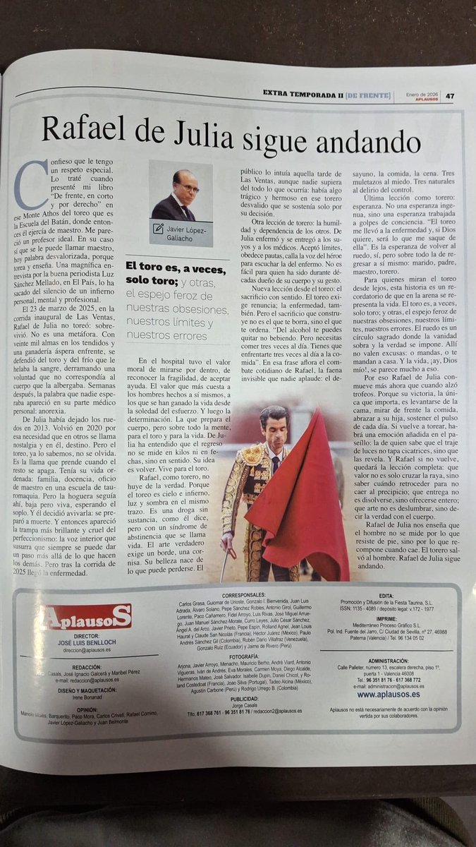 En el primer <a href="/aplausos/">Aplausos</a> de enero reflexionamos sobre la dura recuperación física y mental del torero Rafael de Julia.
