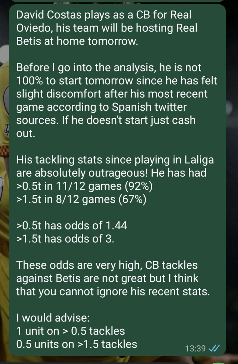 BetsConStats's tweet image. La Liga 10/1/2026

Costas has excellent tackling stats, he is incredibly consistent and will face Real Betis on saturday.

I can see great value in a ladder:
&amp;gt;0.5 tackles (1.44 odds)
&amp;gt;1.5 tackles (3.00 odds)

See the third photo for the full explanation!

Stats by @StatsHubCom