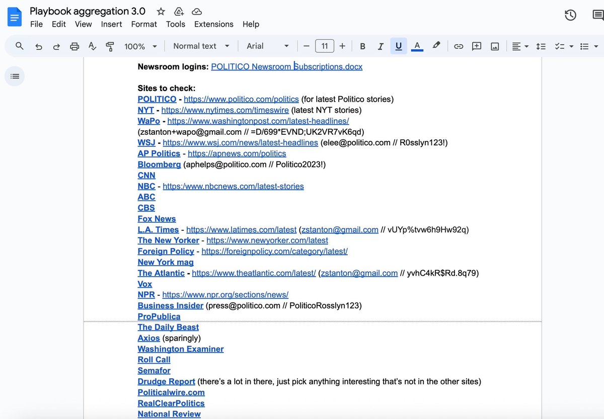 seanspicer's tweet image. 🚨SCOOP 🚨
Major reveal 

Ever wonder why @politico @playbookdc is so left leaning?

Major blunder this morning when they accidentally linked a story to their internal google doc showing what sources they “go to” (and therefore don’t - no @BreitbartNews @DailyCaller @DailySignal…