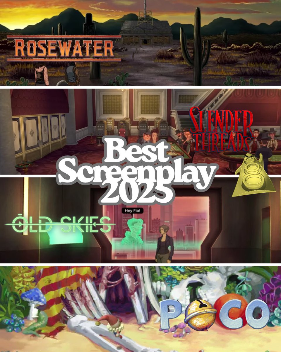 AgotyAwards's tweet image. These are the 4 finalists for Best Screenplay!!! 

@GrundislavGames
@blyts
@WadjetEyeGames
POCO

We're announcing the event date very soon. Don't miss it!