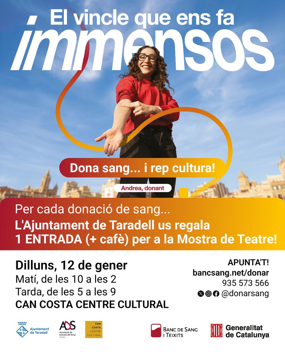 Aquest dilluns, 12 de gener, Marató per donar sang a  #Taradell! A Can Costa, de 10:00 a 14:00 i de 17:00 a 21:00. I aquest cop, cada donant rebrà #cultura! L'Ajuntament regala 1 ENTRADA + cafè per a la Mostra de Teatre! Apunta't a bancsang.net/donar o truca al 935 573 566.