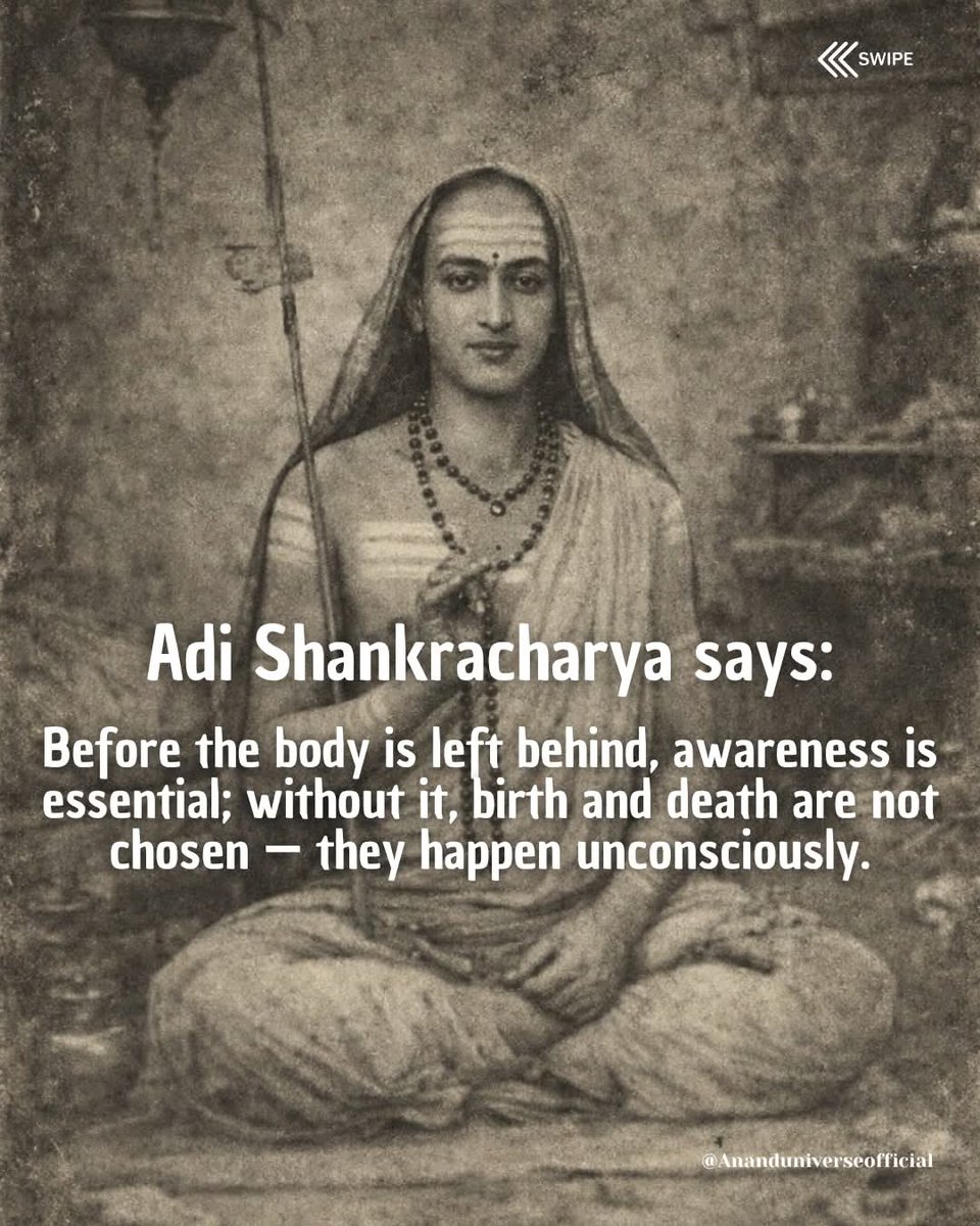 PratibhaPriyad3's tweet photo. No soul is reborn.
Only unfinished attention returns.

What we call “rebirth” is not spiritual at all. It is mechanical repetition caused by absence of awareness.This is not motivation. This is a warning.

What if life repeats not because of karma or destiny,but because you were never fully present?

Four masters.
Four languages.
One verdict.

Gurdjieff
Buddha
Adi Shankaracharya
Ashtavakra

1. G. I. Gurdjieff said it plainly:
“Man lives his life in sleep, and in sleep he dies.”

Most human life is mechanical, reactions, habits, borrowed thoughts.Only what is lived consciously is real.

Gurdjieff warned:
“Only that which is consciously acquired remains.”
Nothing essential survives death unless presence crystallized it.
What returns is not a soul,but unlived awareness. Memory continues where presence never began.

2. The Buddha dismantled the idea of a migrating self.
“Sabbe dhammā anattā”
(All phenomena are not-self)

No soul reincarnates.Only a causal stream of ignorance and craving continues.

From the Pāli Canon:
“From ignorance arise formations.
From formations arises consciousness.”

Rebirth is not punishment. It is ignorance repeating itself when mindfulness was absent. That’s why the Buddha said:

“Appamādo amatapadaṁ”
(Mindfulness is the path to the Deathless)

Deathlessness is not immortality,it is the end of unconscious continuity.

3. Adi Shankaracharya goes further.

“The root of ignorance is identification with the body.”
Birth and death belong only to the mistaken identity,not to the Self.

Shankara was clear:
The Self is never born.
The Self never dies.

But if one dies thinking “I am the body,” the illusion recreates itself.

Unconscious dying → unconscious returning.

4. Then comes Ashtavakra, brutal, unsparing.

“No one is born.
No one dies.
No one is bound.
No one is liberated.”

So what repeats?
Fear.
Habit.
Memory.
Identity.

Fear at death proves one lived as a past,not as presence. The body is an appearance. You are awareness.

Four masters.
One conclusion:
Life does not repeat because of karma.
Life repeats because you were not awake.

No soul travels.
Only unfinished attention seeks completion.

If you are not conscious now,
existence will recycle you, not to punish you, but to finish what you avoided.

This is not belief.
This is existential law.

End 🕉️