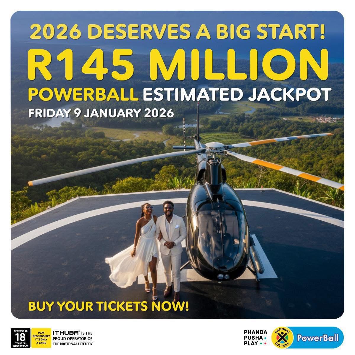 AbdulKuhle's tweet image. 2026 deserves a BIG start! 🎉 Play NOW for your shot at today’s estimated R145 million PowerBall jackpot—available in-store, on nationallottery.co.za, the mobile app, or your banking apps.
#StartBIG #R145Million #PowerballSA #ad