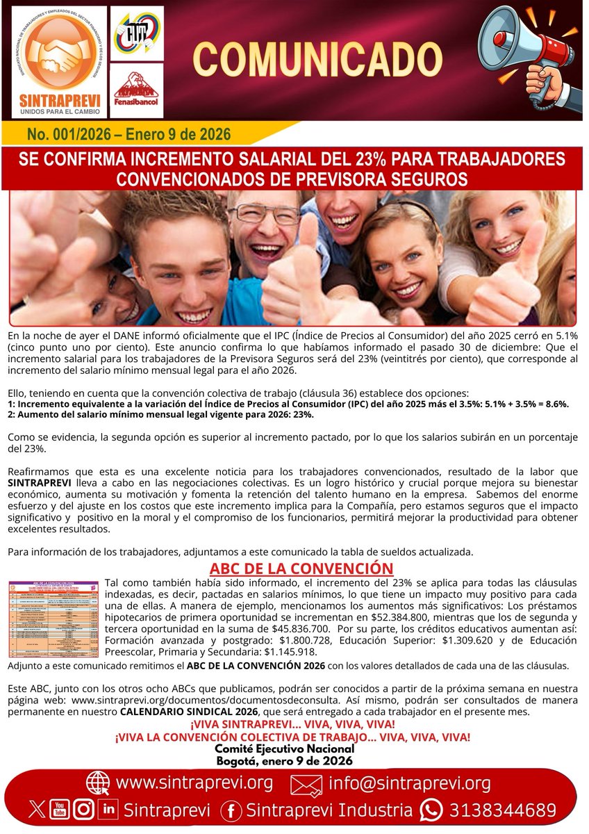 #Comunicado | 🚨ATENCIÓN. Se confirma incremento salarial del 23% para trabajadores convencionados de Previsora Seguros. 💪🏻 Excelente noticia, resultado de la lucha sindical de SINTRAPREVI a través de las negociaciones colectivas.