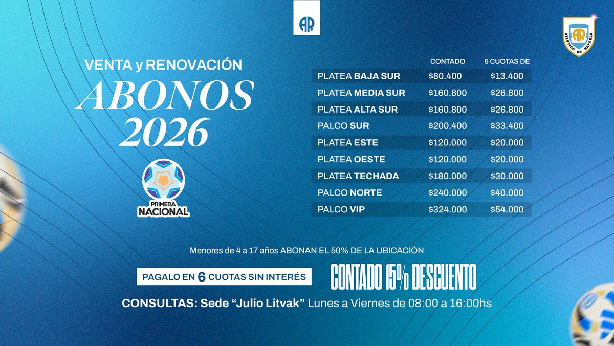 OficialAMSyD's tweet image. 🚨 Comienza la venta de Abonos para la Primera Nacional 2026 💙🤍💙

A partir del martes 13 de enero, en la secretaría administrativa “Julio Litvak”, se pondrán a la venta los Abonos de Plateas y Palcos del Estadio Monumental para toda la temporada 2026 de la Primera Nacional,…