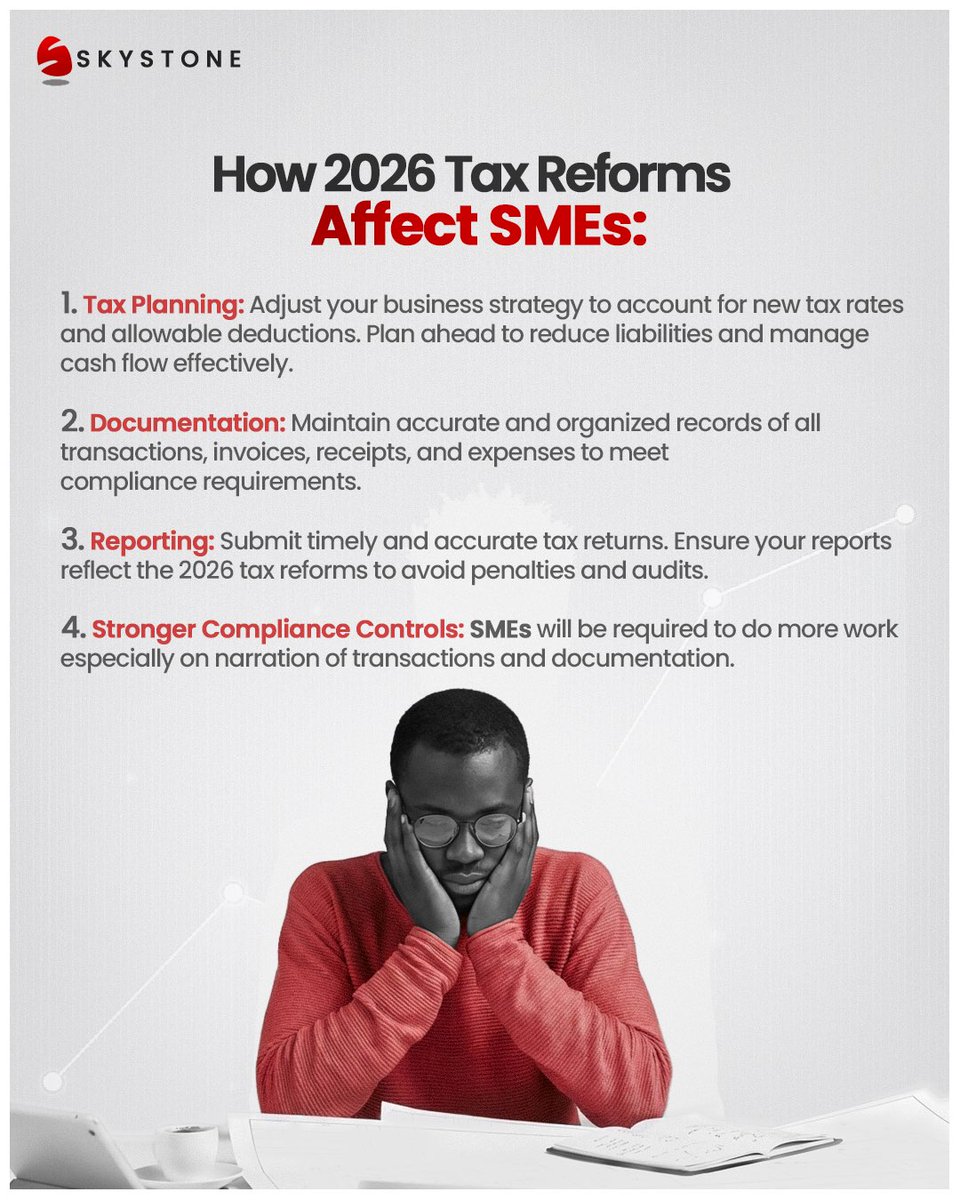 skystonefinance's tweet photo. 2026 Tax Reforms are here, and SMEs need to stay compliant! Documentation, reporting, and filing standards just got stricter. Don’t get caught off guard, make sure your systems are ready.

#skystone #taxreforms #taxlaws #SMEs https://t.co/6VICQSZDZU