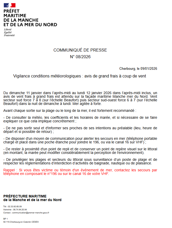 Image de Préfecture maritime Manche et mer du Nord - 🚨 #Meteo  Vigilance conditions météorologiques – avis de grand frais à coup de vent du dimanche 11 