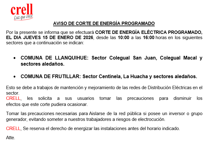 Corte programado para el día jueves 08/01/2026, en las comunas de Puerto Montt y Puerto Varas.