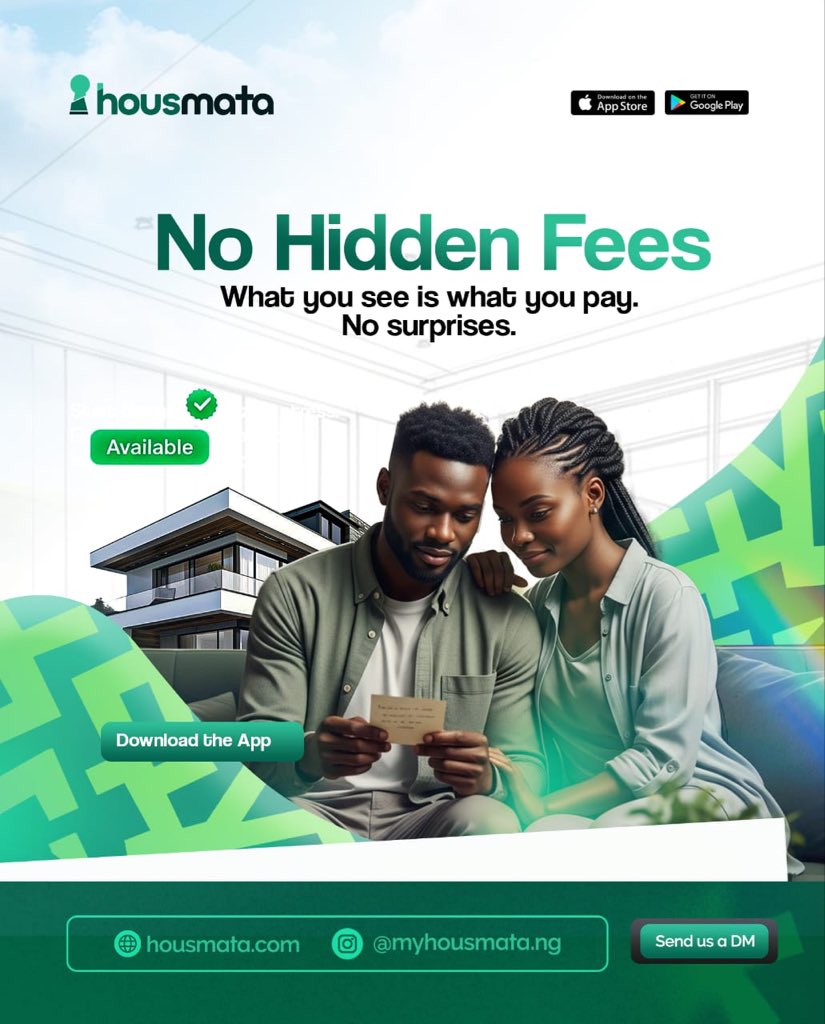 myhousmata's tweet photo. Renting shouldn’t come with surprise charges.
On Housmata: what you see is what you pay.
No hidden fees. No stories.
Just verified homes and clear payments.
Download the app.
#Housmata #RentingMadeSimple #househunting https://t.co/Zpxf6RvOCh