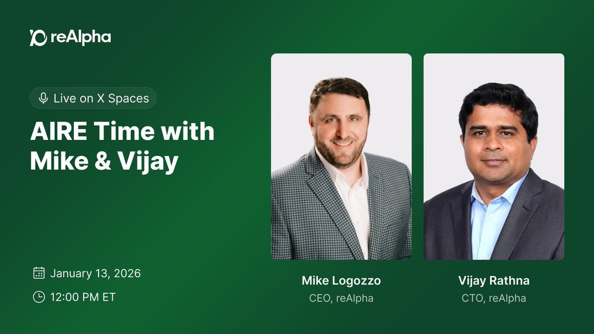 reAlpha's tweet photo. reAlpha to Host Live X Spaces Session With CEO Mike Logozzo (@mike_logozzo) and CTO Vijay Rathna (@vijayr_vish) 

We will host a live X Spaces session titled “AIRE Time with Mike & Vijay” on Tuesday, January 13, 2026 at 12:00 PM ET.

The discussion will focus on how AI is being deployed in real mortgage and real estate operations today, including where it is delivering practical value, where expectations are often overstated, and what operators should realistically pay attention to.

CEO Mike Logozzo and CTO Vijay Rathna will lead the conversation, with time reserved toward the end for a limited number of questions that fit within the session’s scope.

Investors, analysts, and community members are welcome to join and listen.

👉 Set a reminder to join the live X Spaces here: https://t.co/OSlsg18Ibn

#reAlpha #AIRETime #XSpaces #RealEstateTech $AIRE