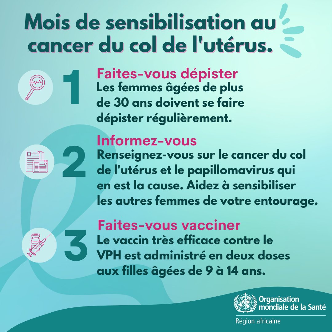 Janvier : mois de sensibilisation au cancer du col de l'utérus. 
✅ Faites-vous dépister (>30 ans)
✅ Renseignez-vous sur le cancer du col de l'utérus
✅ Faites vacciner vos filles (9-14 ans)