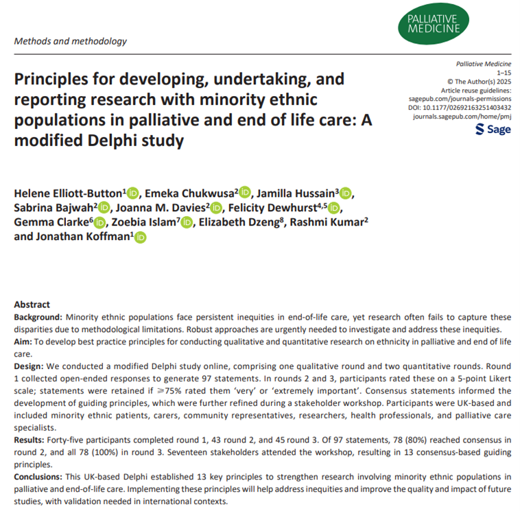 Dr_GClarke's tweet photo. NEW PAPER in Palliative Medicine. We worked with patients, carers, community reps, clinicians &amp; researchers to develop 13 best practice principles for better research on ethnicity in palliative care. #palliativecare
Better methods = better evidence = fairer care
@PalliativeMedJ https://t.co/LOQMv9VoKY