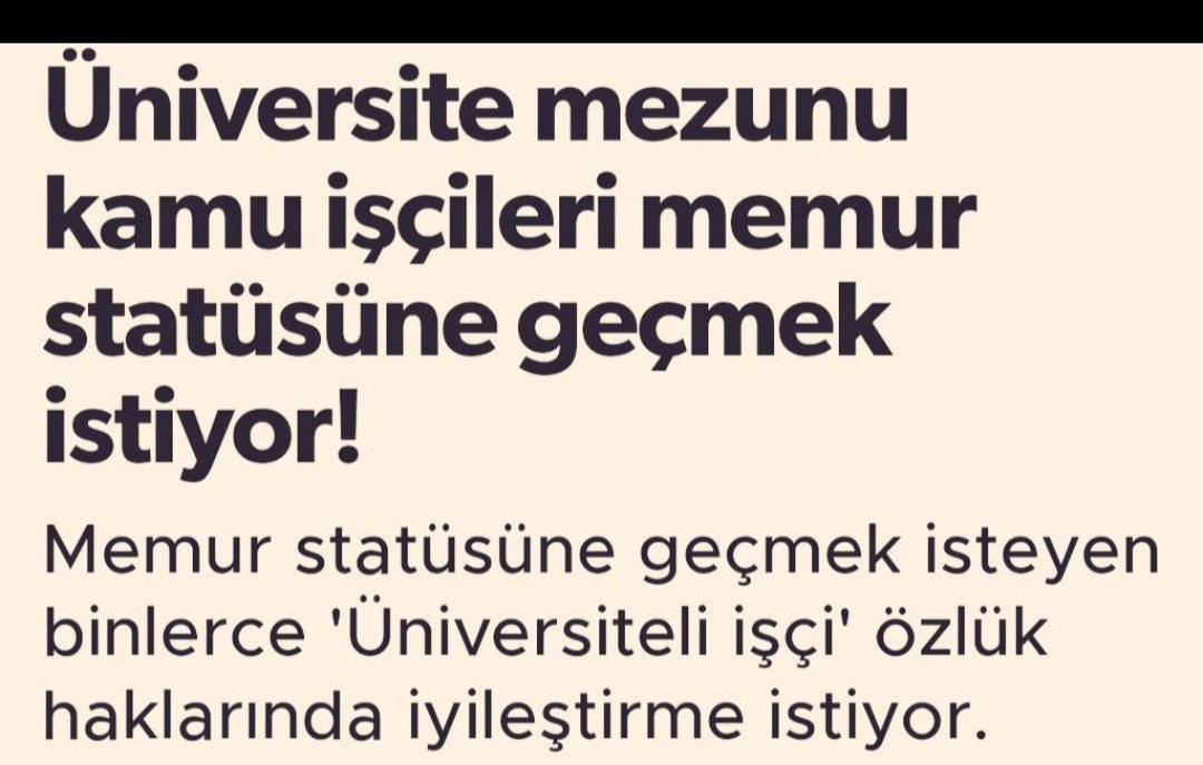 2015 yılından itibaren Üniversite mezunu olan kamu işçileri memur kadrosuna geçmek istiyor. 
<a href="/herkesicinCHP/">CHP 🇹🇷</a> <a href="/CHPMuratBakan/">Murat BAKAN</a> <a href="/Akparti/">AK Parti</a> <a href="/MustafaBilici__/">Mustafa Bilici</a> <a href="/ayyuceturkestas/">Dr. Ayyüce Türkeş Taş</a> <a href="/PerihanKoca/">Perihan Koca</a> <a href="/isamesihsahin/">İsa Mesih Şahin</a> <a href="/ipekozkal/">Prof.Dr. İpek Özkal</a> <a href="/iyiparti/">İYİ Parti</a> <a href="/TBMMGenelKurulu/">TBMM Genel Kurulu</a> <a href="/TBMMresmi/">TBMM</a> <a href="/MhpTbmmGrubu/">MHP TBMM Grubu #MHP</a> <a href="/RTEdijital/">Erdoğan Dijital Medya</a> <a href="/RTErdogan/">Recep Tayyip Erdoğan</a>