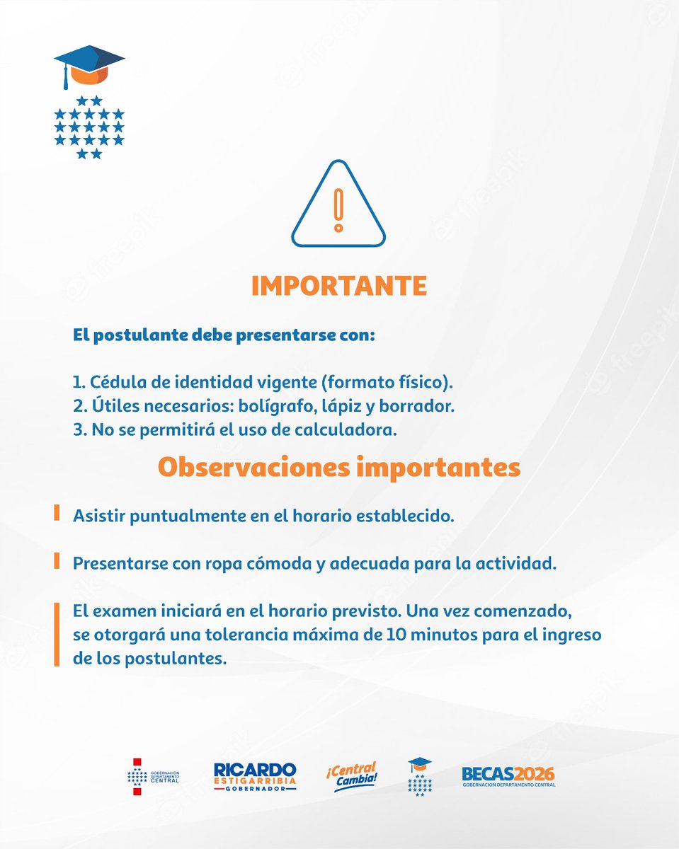 Becas 2026 | Ya se encuentran disponibles los horarios y las listas para el examen de Matemáticas.

📲Clic aquí: central.gov.py