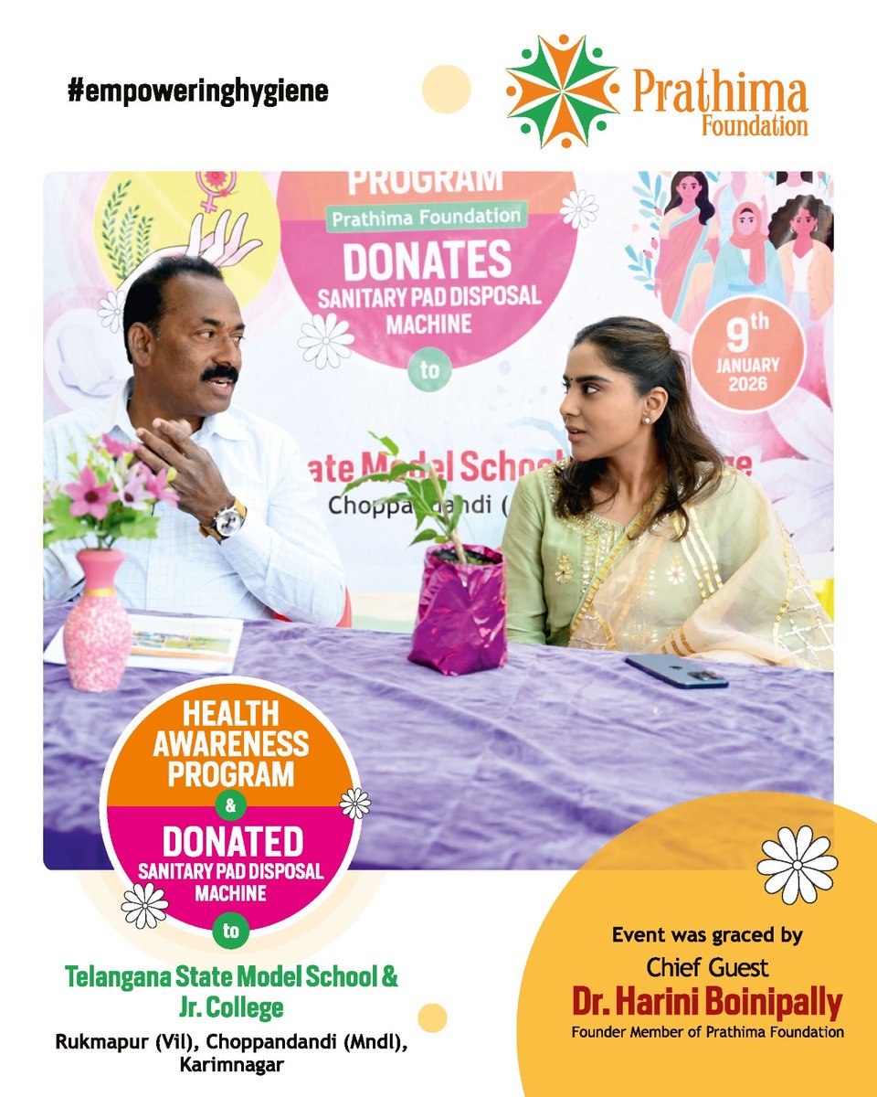 pra_foundation's tweet photo. Prathima Foundation conducted a meaningful Health Awareness Program at Telangana State Model School &amp; Jr. College, Rukmapur . As part of #EmpoweringHygiene, a Sanitary Pad Disposal Machine was donated to promote safe, dignified menstrual hygiene for young girls .
T
#Empowering https://t.co/3uIXKshXKt