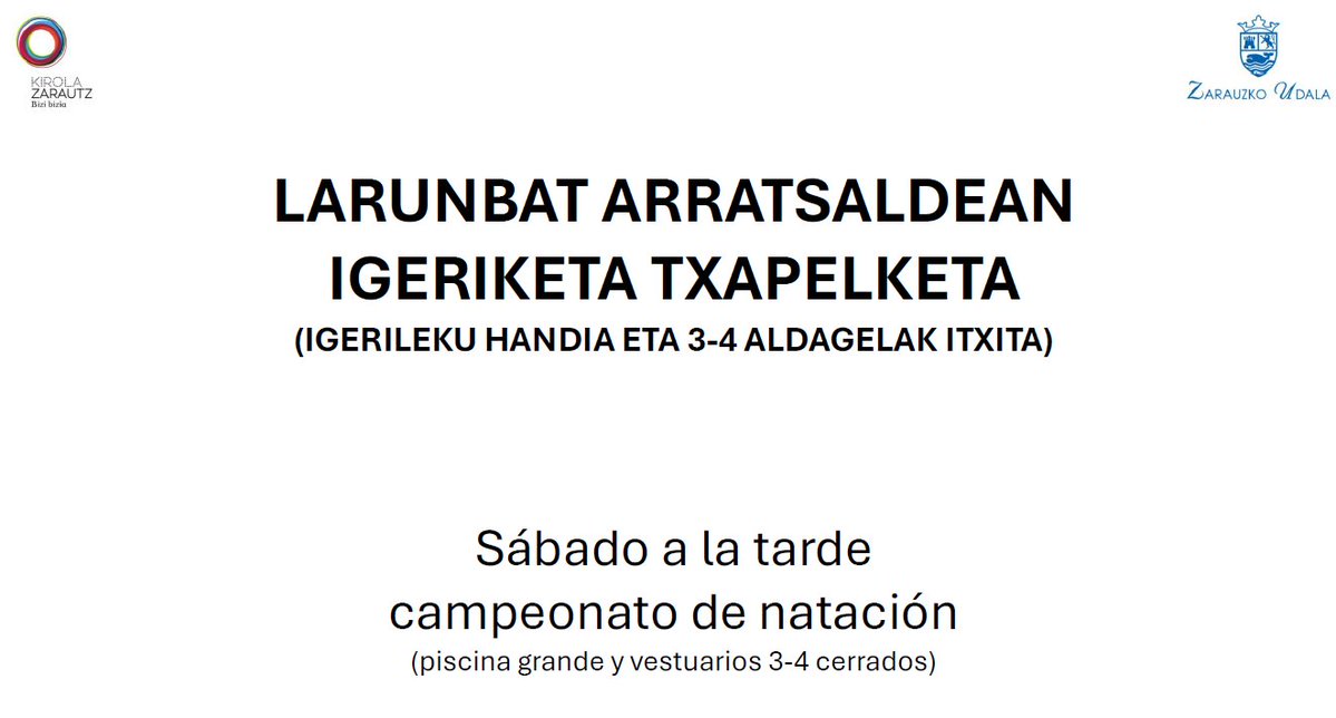 🏊‍♀️🥇🥈🥉BIHAR IGERIKETA TXAPELKETA

Alebinen igeriketa txapelketa izango da bihar Aritzbataldeko igerileku handian.

Mañana se celebrará el campeonato de natación alevin en la piscina grande de Aritzbatalde.

Gu prest, ZU?🏊‍♀️