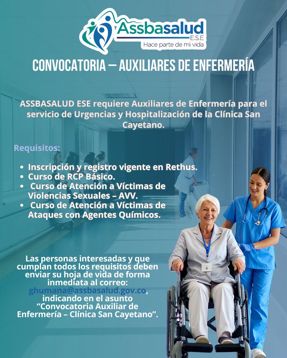 ¡Convocatoria abierta en Assbasalud ESE!

Seguimos fortaleciendo nuestro talento humano en salud. Abrimos convocatoria para Médicos Generales y Auxiliares de Enfermería para ser parte de nuestro equipo en los servicios de Urgencias y Hospitalización de la Clínica San Cayetano.
