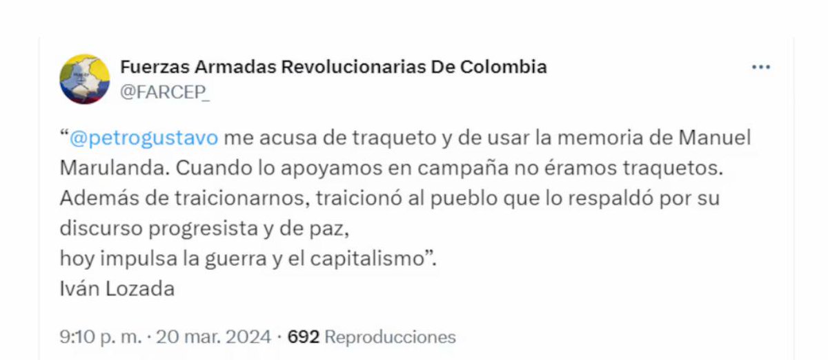 CeDemocratico's tweet photo. Petro miente descaradamente y sin sonrojarse.

Le miente a El País y ahora pretende hacerlo también con el presidente Donald Trump, a quien primero atacó con insultos y hoy quiere confundir con falsedades.

La realidad es clara: Colombia concentra hasta el 70% de la coca del mundo, tiene cerca de 300 mil hectáreas sembradas y exportaciones ilegales de cocaína por USD 18.000 a USD 25.000 millones al año superando la entrada de remesas, e incluso, las exportaciones de café.

Le recordamos al señor Petro que la Defensoría del Pueblo alertó que en 790 municipios hay presencia de actores armados ilegales, lo que demuestra el grave riesgo para la población civil. Ese es el resultado de su política de “Paz Total” que les ha dado ventaja a los grupos criminales y les ha permitido expandir su control territorial.

Además, es necesario señalar que los máximos jefes guerrilleros que hoy mantienen bajo terror a la población han afirmado que le brindaron apoyo para ser elegido presidente.

No trate de vender humo señor Petro. Hoy el país se rinde al narcotráfico y al crimen organizado.

@elpais_america