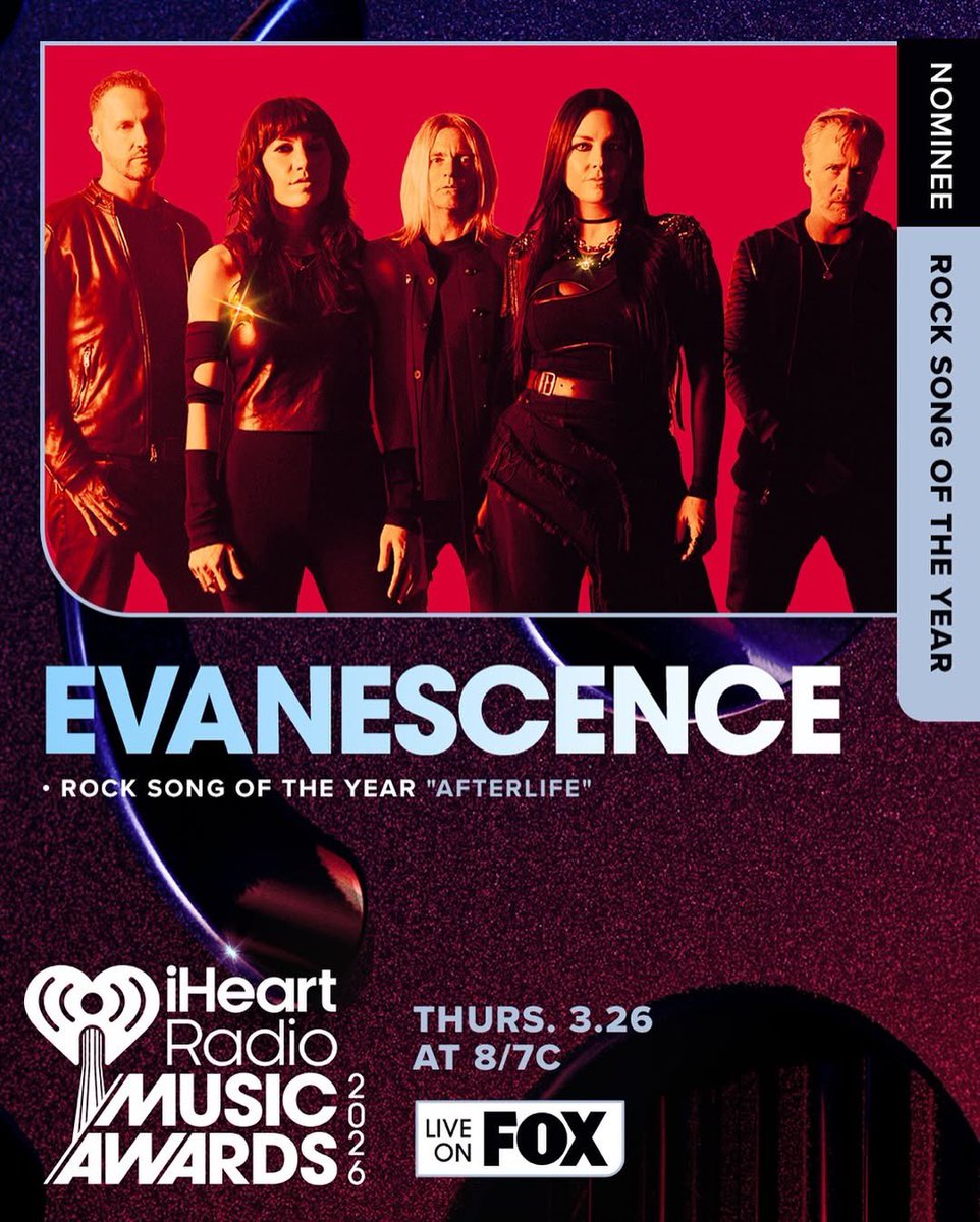 EvaWebsite's tweet image. Evanescence are nominated for Rock Song of the Year at the @iHeartRadio Music Awards! 🔥

“Afterlife” keeps making waves. Well deserved!  💥