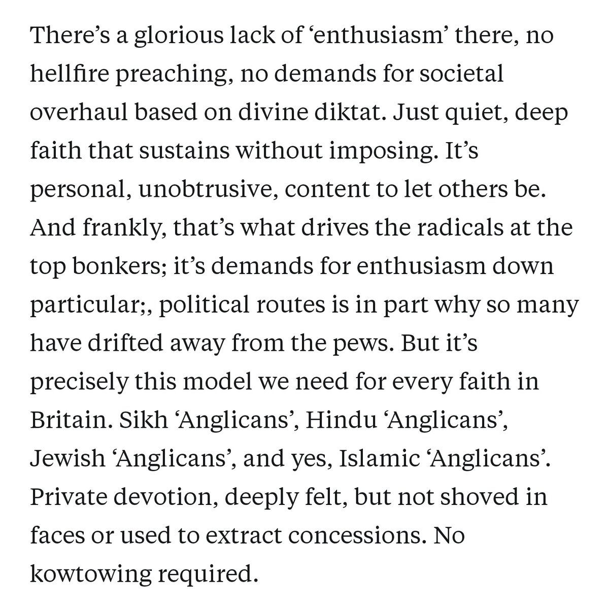Con_Tomlinson's tweet image. The fatal conceit of Gawain's case, here, is that by "Anglican" he means liberal.

Gawain's argument rests on the premise that we all share a blank slate nature, all want the same things deep down, and so any strict observance of any faith is actually a bug rather than a feature.…